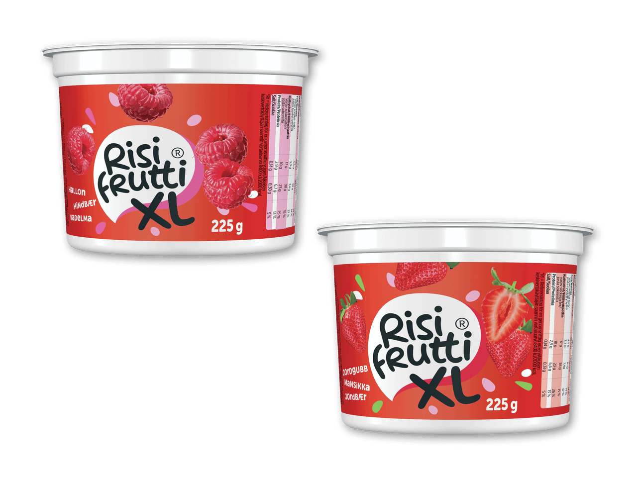 To XL risdesserter, en med hindbær og en med jordbær, med næringsoplysninger.