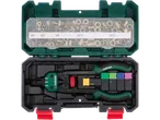 Rivet nut tool kit with various sized rivet nuts and accessories in a case.