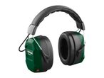 Green and black ear defenders with a padded headband, angled to show both earcups.