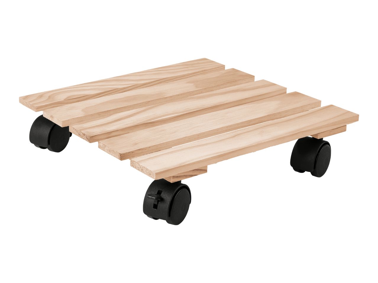 Wooden plant caddy with black wheels.