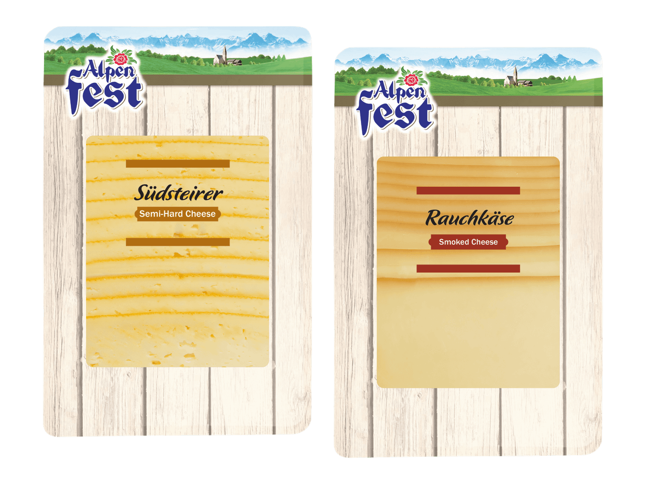 Kaksi pakkausta Alpen Fest -juustoa: Südshteirer (puolikova juusto) ja Rauchkäse (savustettu juusto).