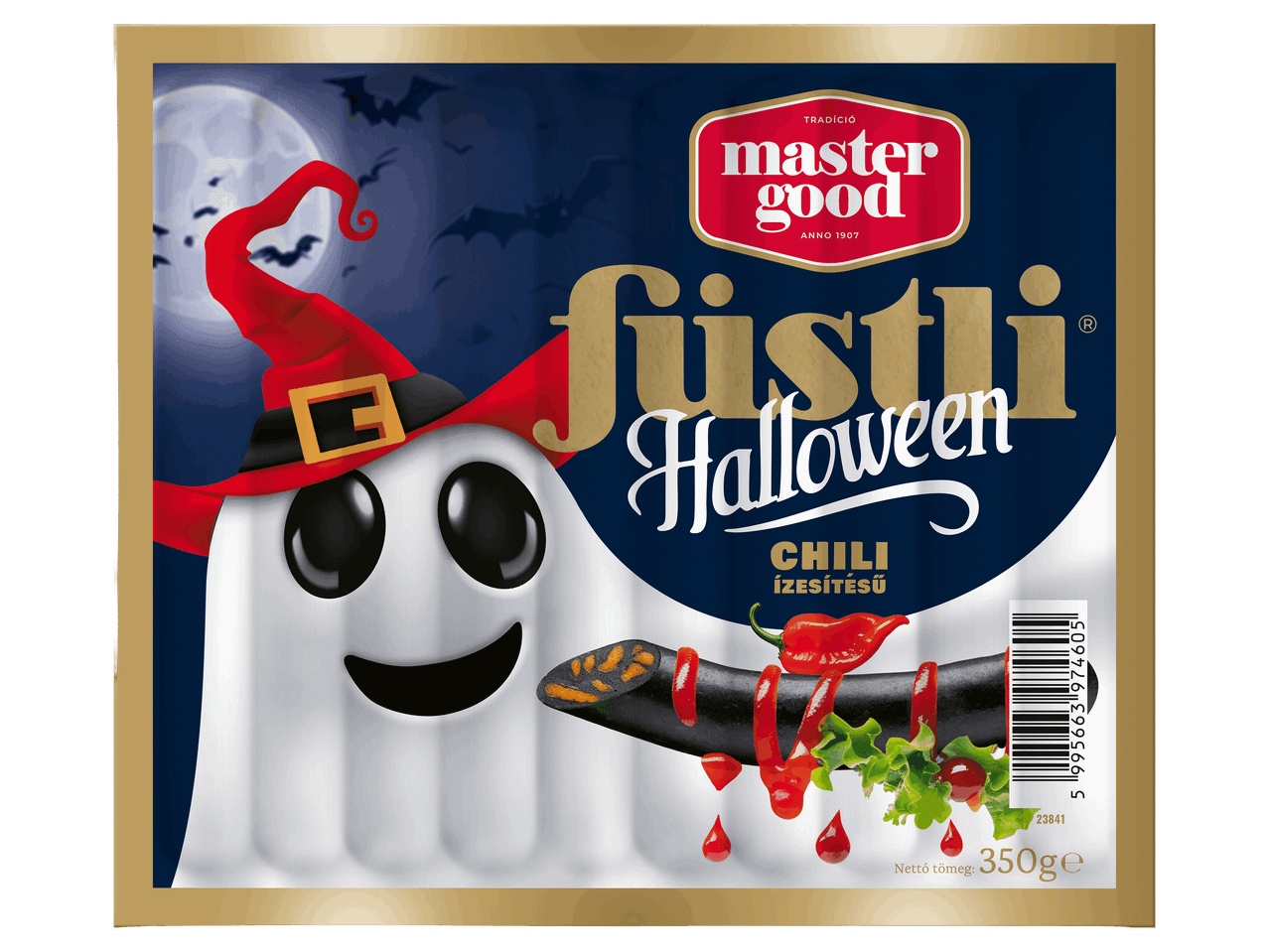 Chili ízesítésű, fekete színű Halloween virsli 350 g-os kiszerelésben.