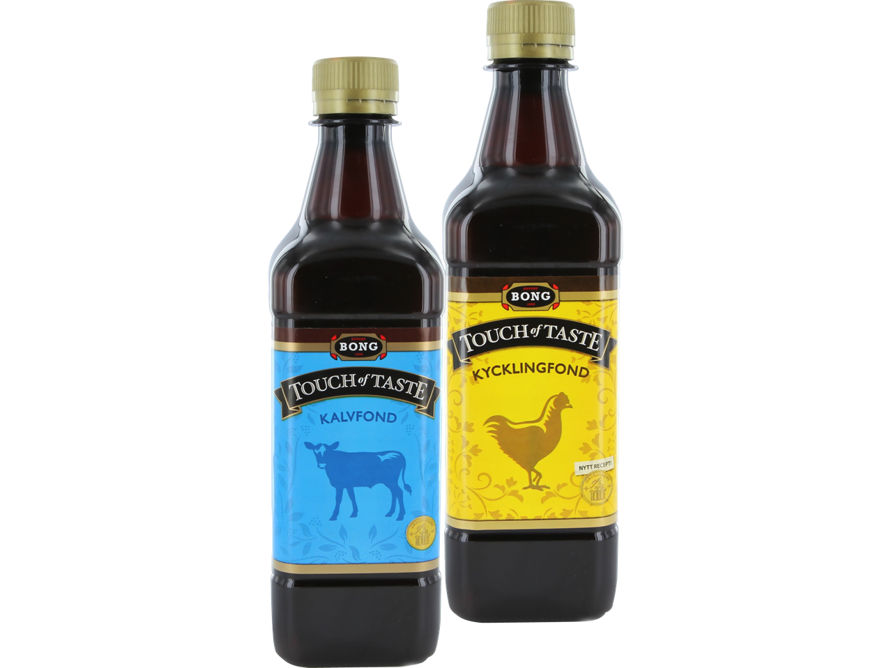 Två flaskor Bong Touch of Taste fond, en kalvfond och en kycklingfond, på svart bakgrund.
