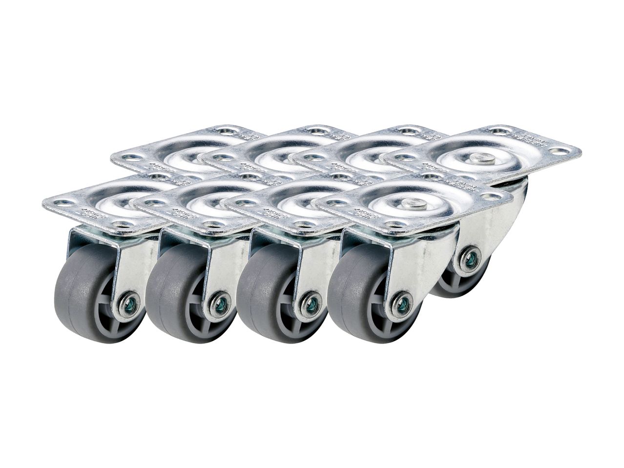 Sæt med seks små grå hjul med metalbeslag.