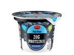 Milbona fat-free blueberry yogurt, 20g protein.