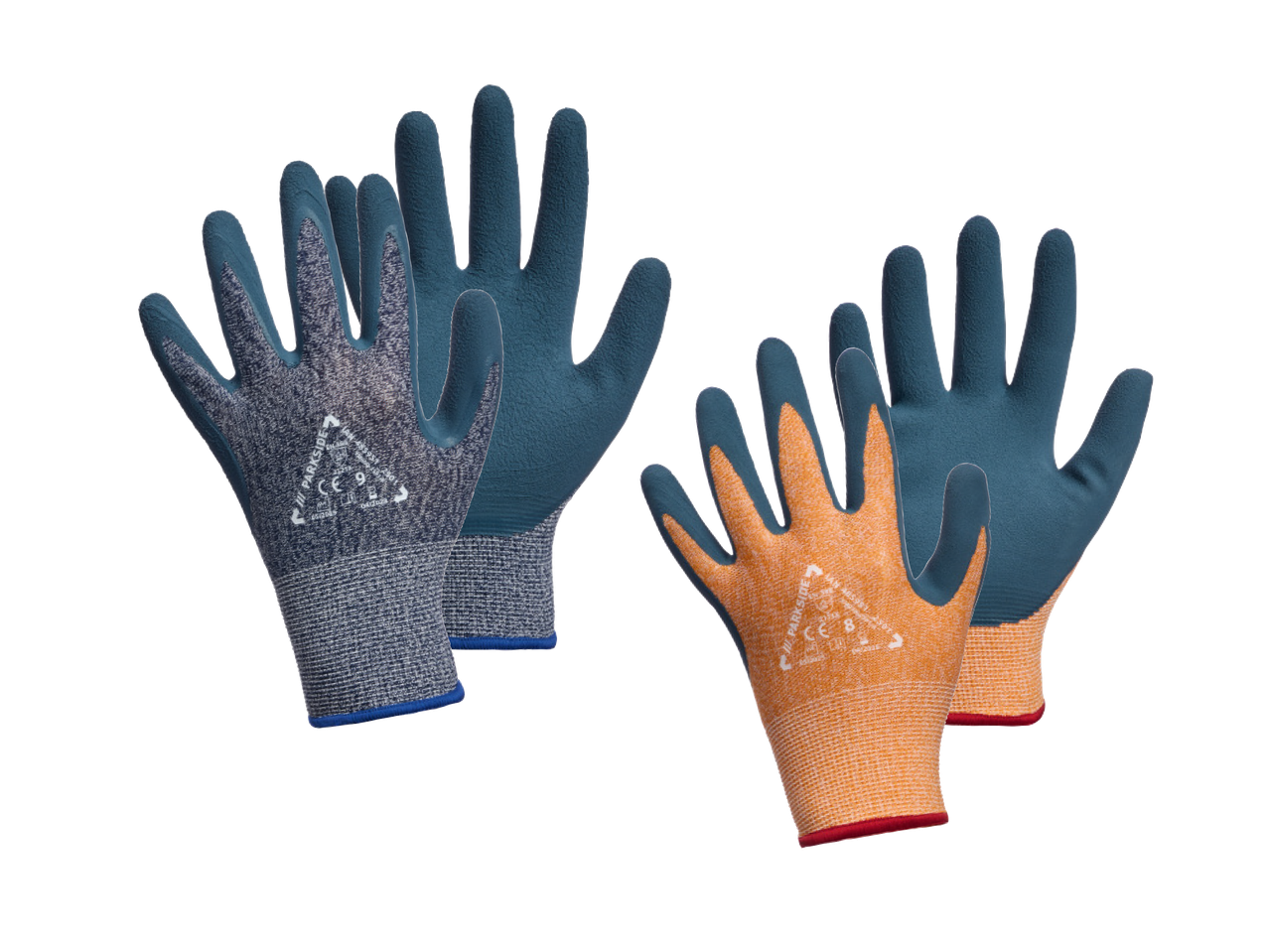 Dva para Parkside radnih rukavica, jedne plave i sive, druge narančaste i plave.