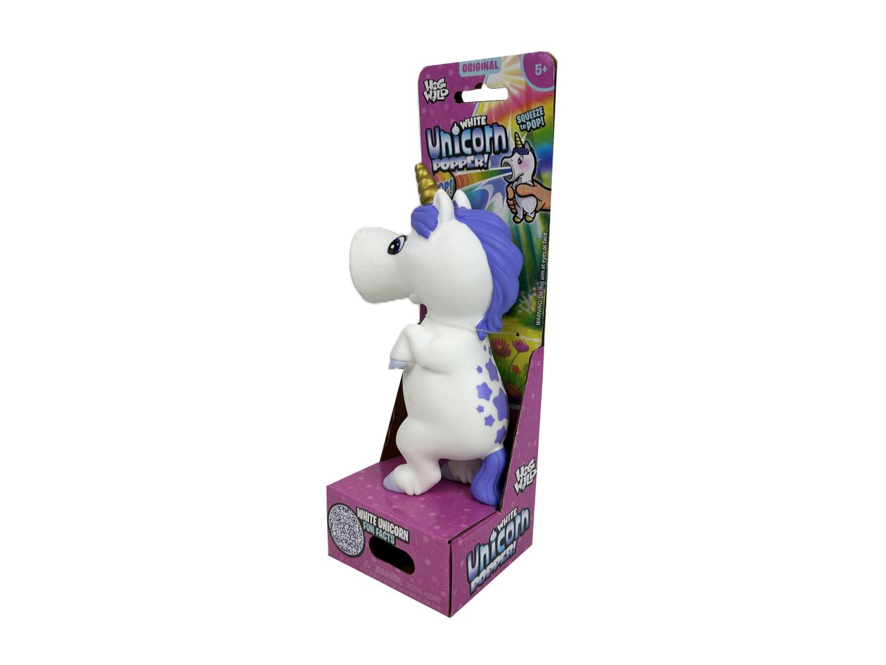 White unicorn popper toy in packaging, with text 'Squeeze to POP!' and '5+'.