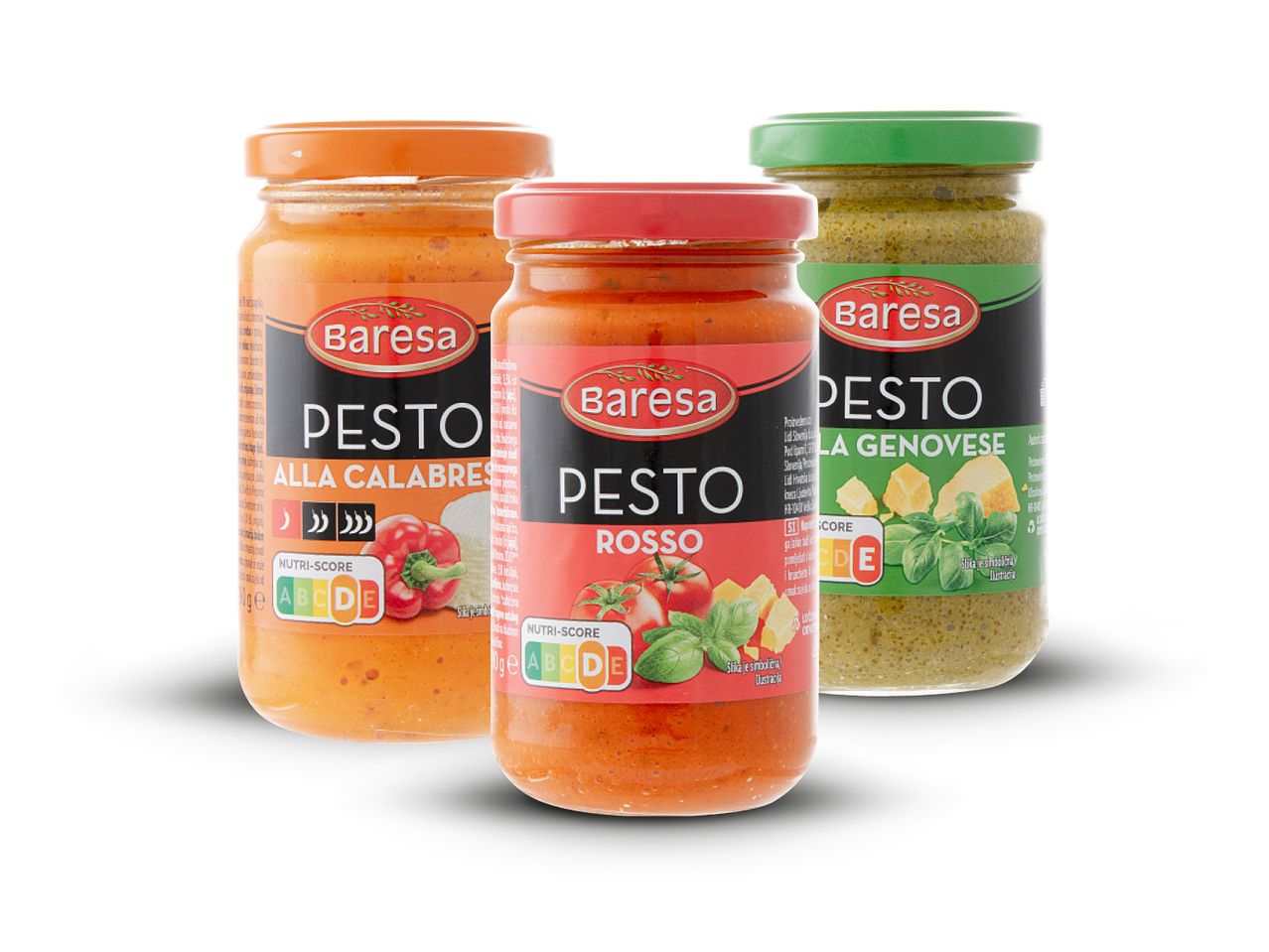 Tri staklenke Baresa pesto umaka: alla Calabrese, Rosso i alla Genovese.
