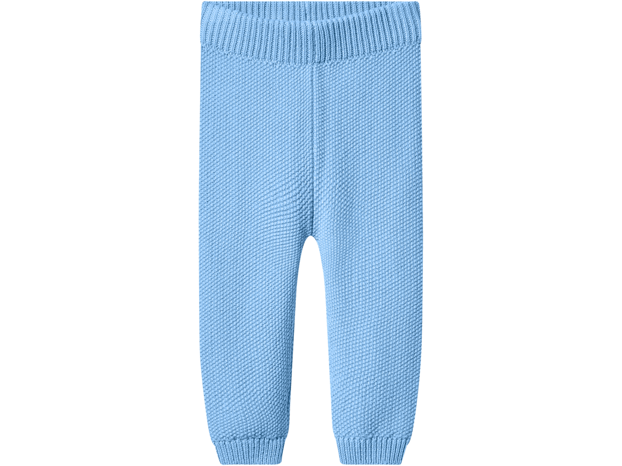 Light blue knitted baby trousers with ribbed waist and cuffs