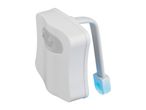 White toilet bowl night light with a blue glow