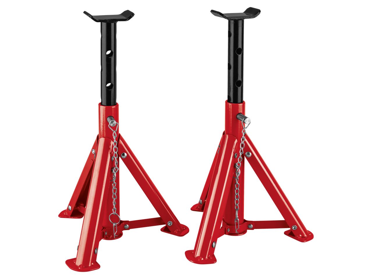 Divi sarkani Ultimate Speed automašīnu statīvi ar melniem regulējamiem balstiem.