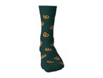 Dark green sock with a pattern of salted pretzels