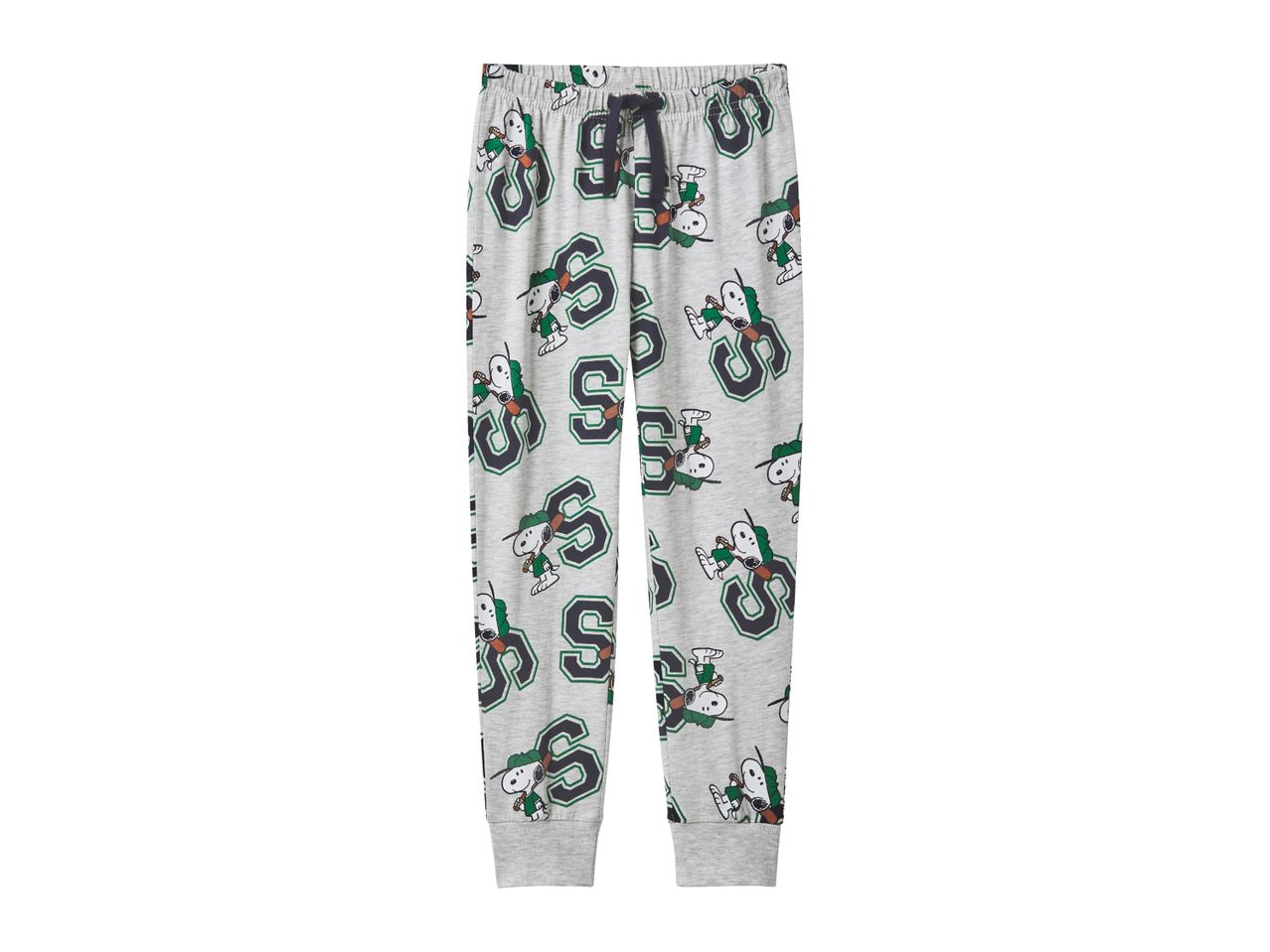 Gray Snoopy baseball-themed pajama pants with large 'S' letters