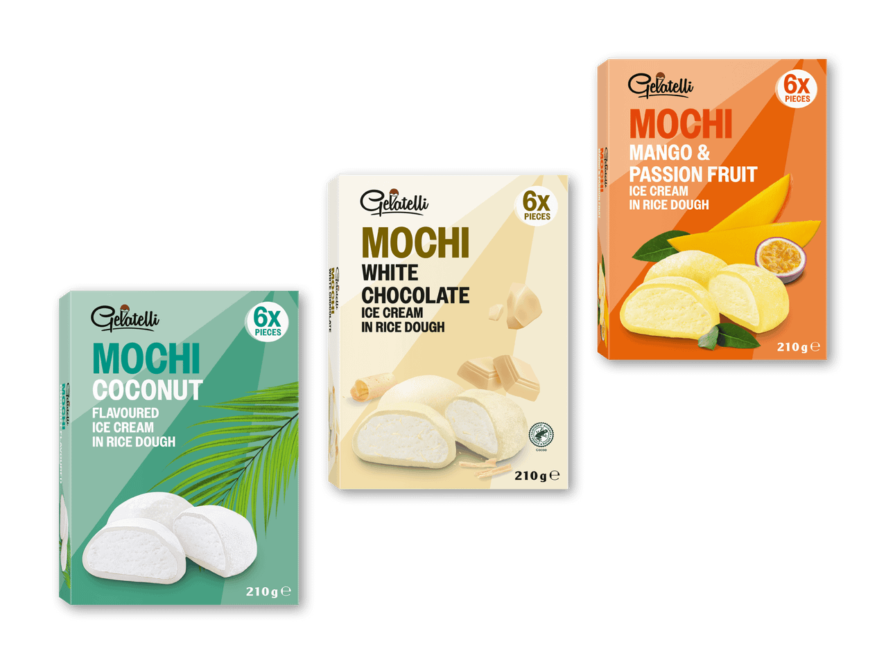 Tre pakker mochi-is i smagsvarianterne kokos, hvid chokolade og mango & passionsfrugt.