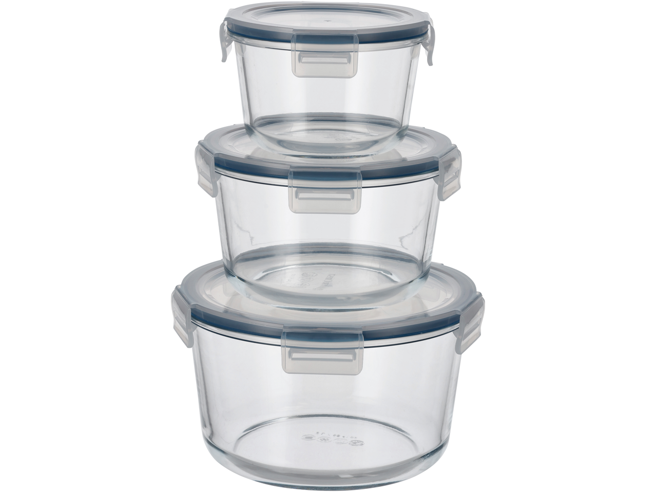 Virnastatud ümmargused klaasanumad sinise tihendi ja läbipaistvate kaantega.