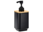 Distributeur de savon noir mat avec pompe noire et couvercle en bambou.