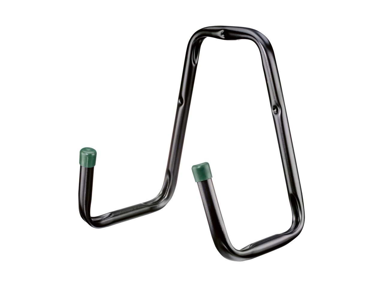 Black metal wall hook with green rubber tips for hanging tools or equipment.