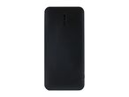 Black power bank with a textured surface and embossed text.