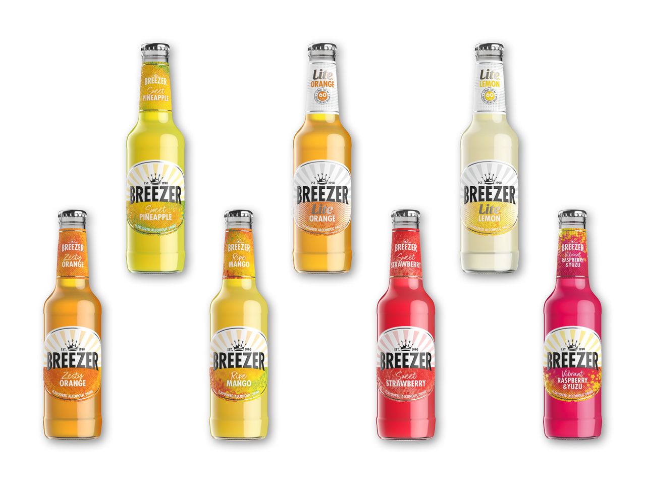 En række Breezer-flasker i forskellige smagsvarianter som ananas, appelsin, citron, mango, jordbær og hindbær.