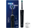 Periuță de dinți electrică Oral-B PRO Vitality neagră, cu 3 moduri și cronometru, alături de baza de încărcare.