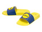 Pair of yellow and blue slides with a circular logo on the strap.