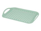 Light green rectangular plastic draining tray with perforated surface and handles.