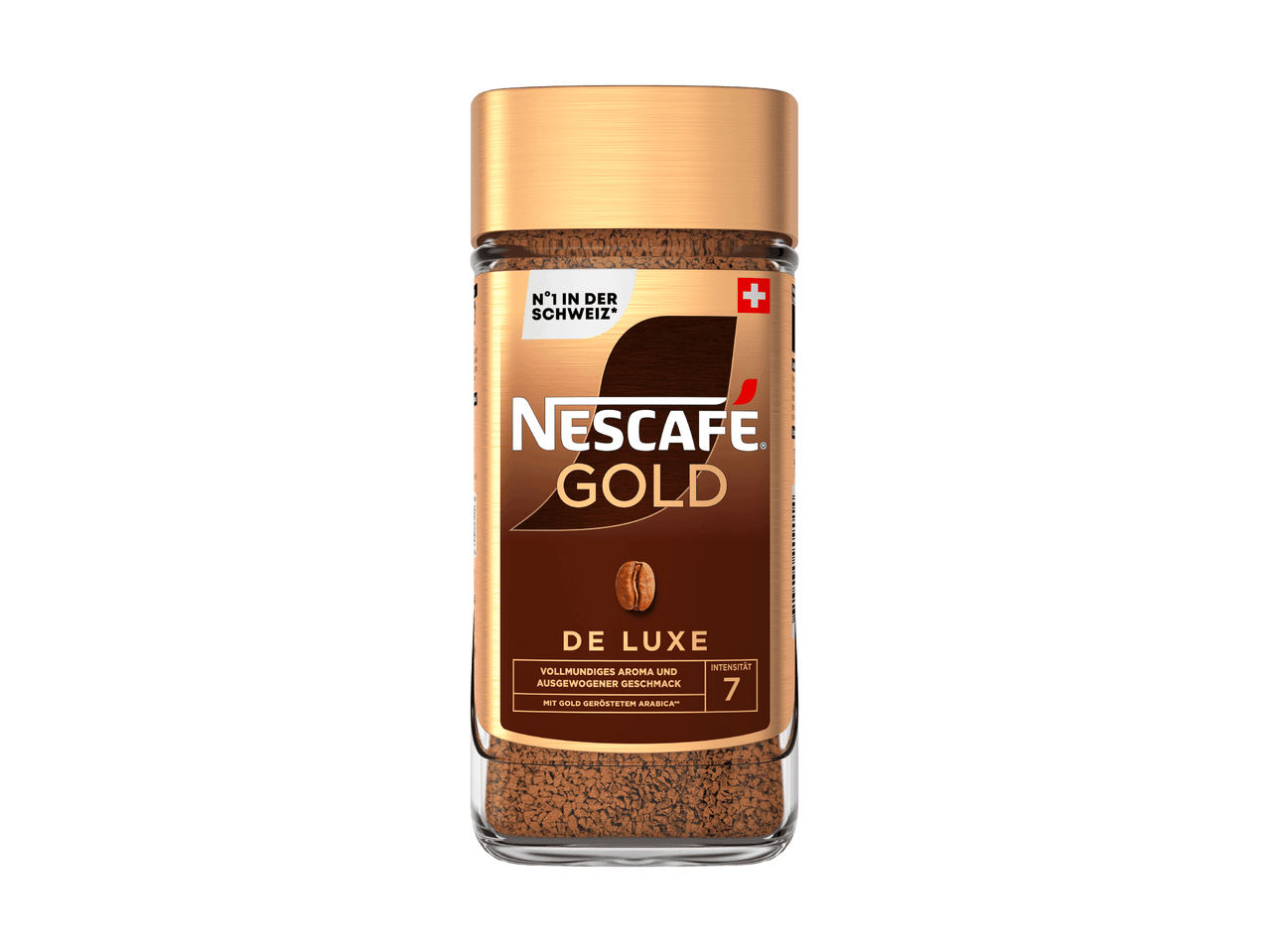 Vasetto di caffè istantaneo con tappo dorato, scritta 'N°1 IN DER SCHWEIZ*' e 'INTENSITÄT 7'