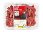 Packaged Irish beef stir fry with a label featuring a farmer and product details.