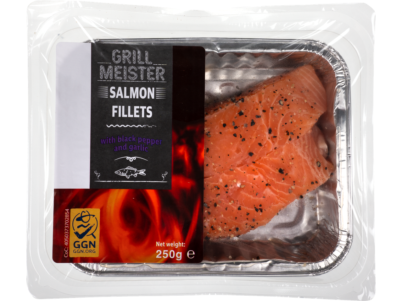 Fileuri de somon Grill Meister cu piper negru și usturoi, 250g.