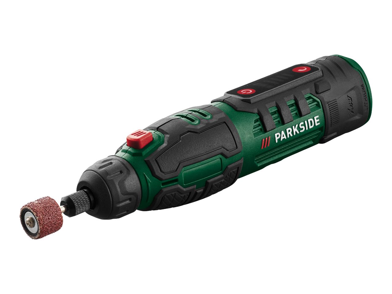 Cordless rotary tool with a sanding drum attachment, green and black with red buttons.