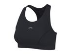 Black women's sports bra with a subtle grey logo on the front.