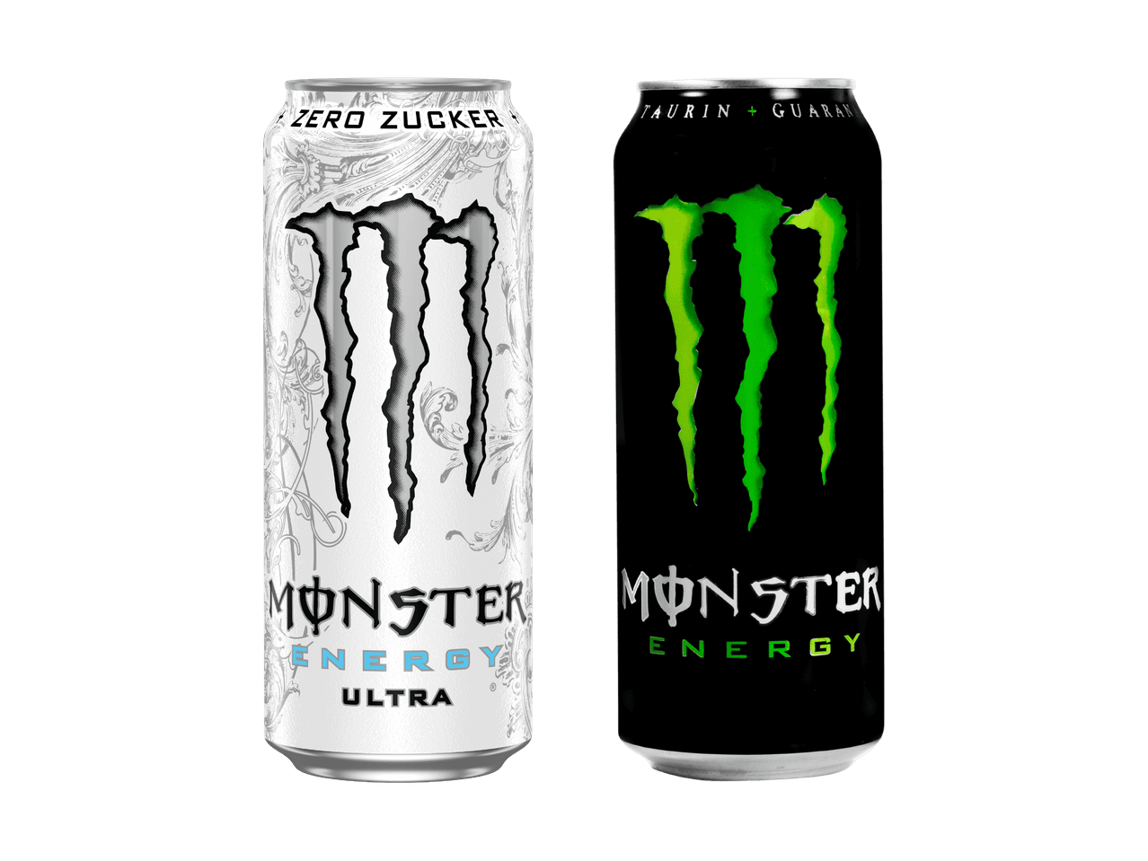 Zwei Monster Energy Dosen: eine weiße Zero Zucker Ultra und eine schwarze mit Taurin + Guarana.