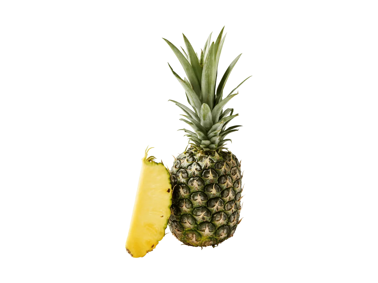 Ananas intero e una fetta di ananas su sfondo nero