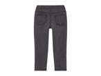 Back view of dark gray children's denim leggings with an elastic waistband and two back pockets.
