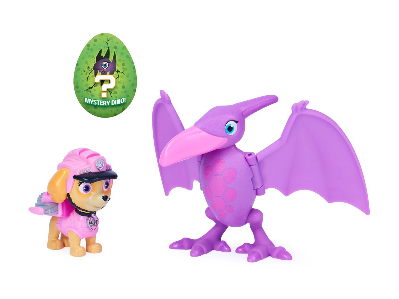 Toy dog figure in pink outfit, purple pterodactyl toy, and a green mystery dino egg.