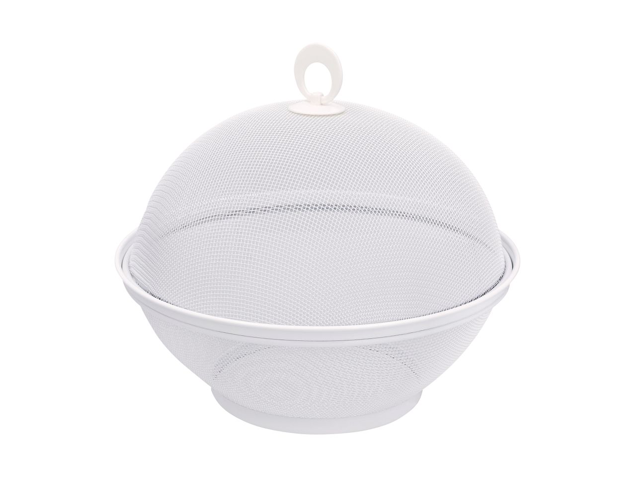 White mesh food cover with a handle, designed to protect food from insects.