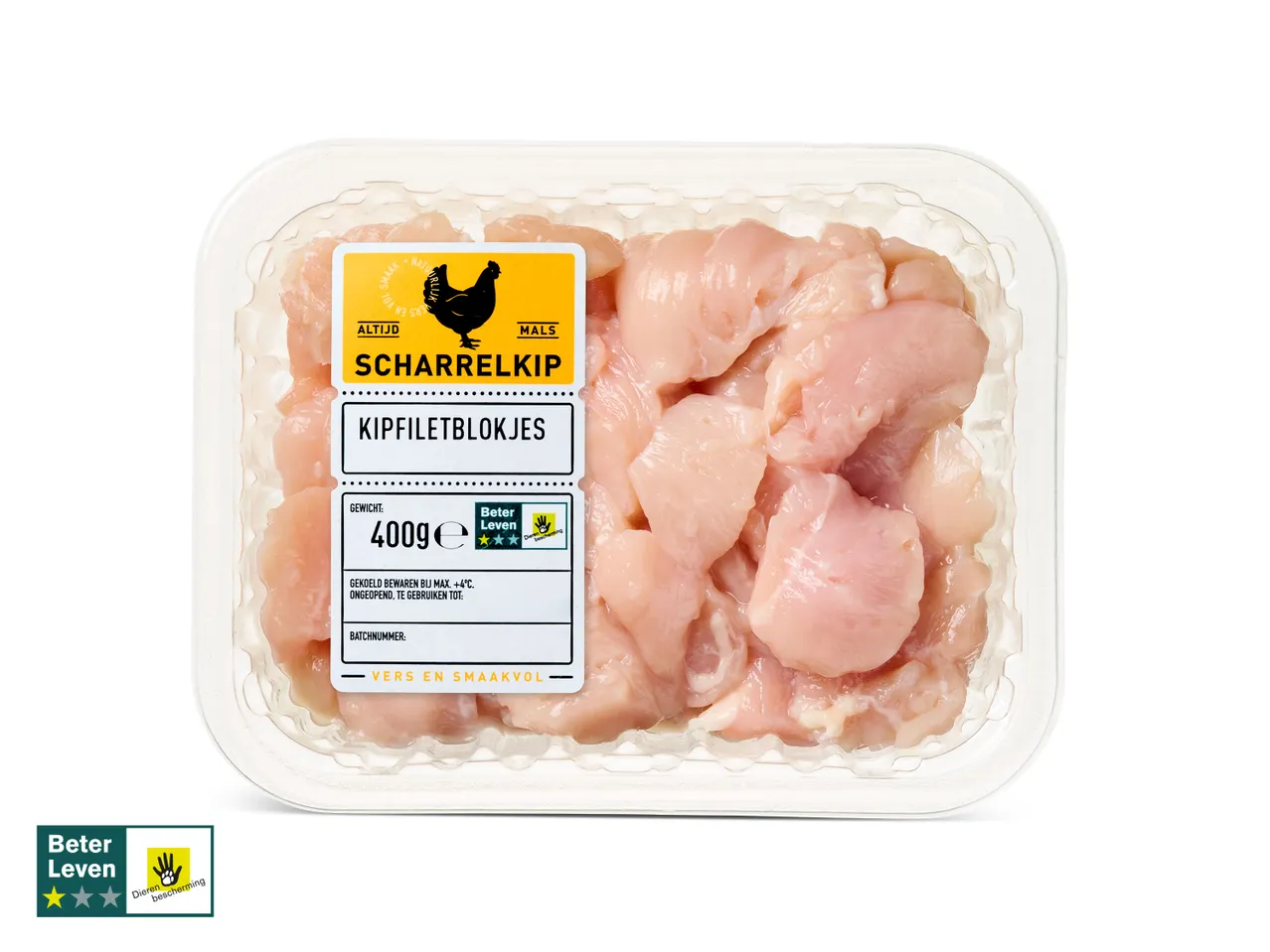 Beter Leven kipfiletblokjes in een schaal.