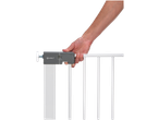 A hand holding the top bar of a white baby safety gate with a grey locking mechanism.