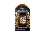 Dark chocolate Easter egg with caramelised almonds in a black and gold box.