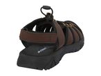 Brown and black men's outdoor sandals with adjustable straps and a sturdy sole.