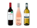 Tre flasker vin: en rødvin, en rosévin og en hvidvin, der fremhæver forskellige druesorter og oprindelser.