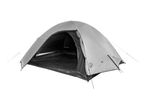 Grey dome tent with an open entrance, showing the dark interior and ground tarp.