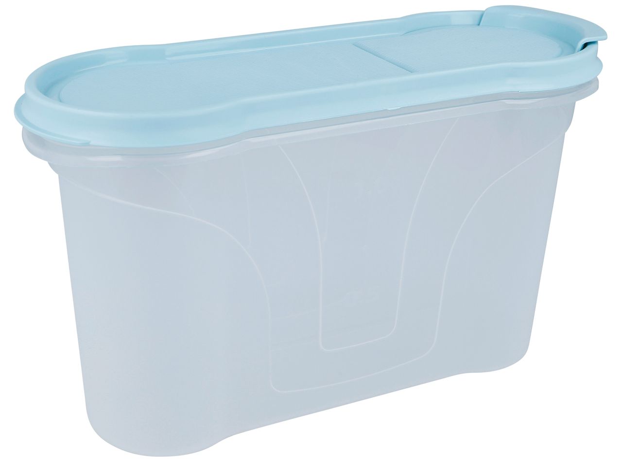 Contenitore ermetico per alimenti in plastica di colore azzurro pallido.