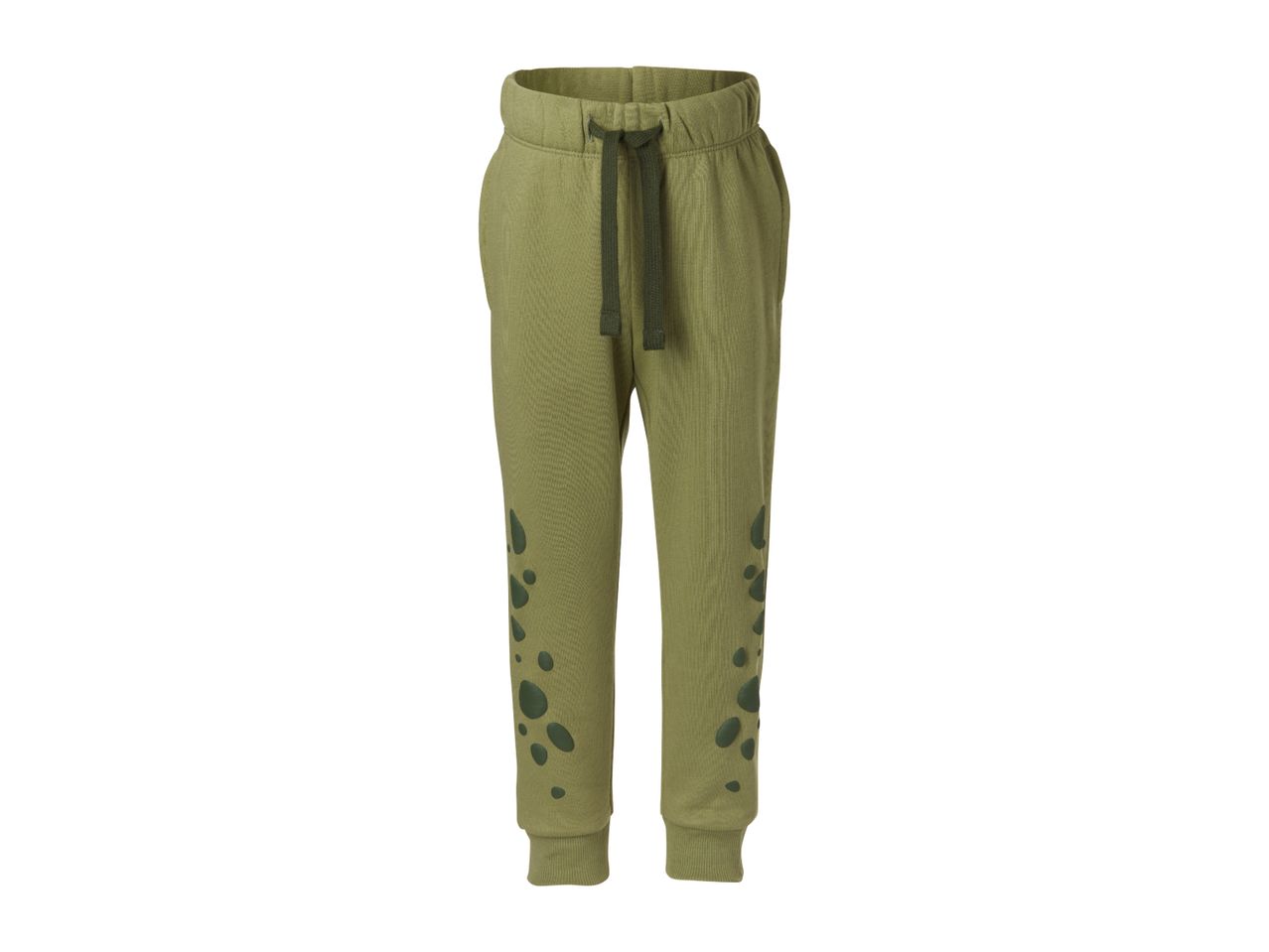Green sweatpants with dark green spots and a drawstring waist