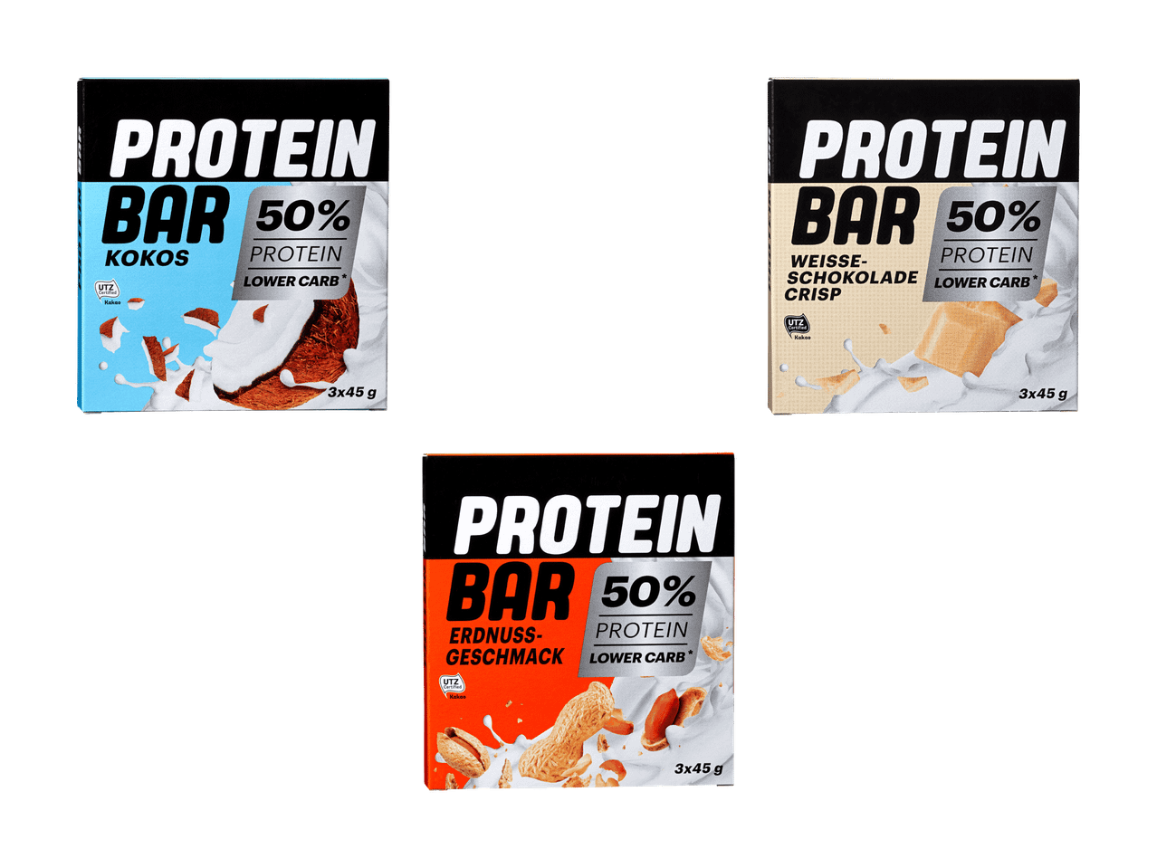 Drei Proteinriegel mit 50% Protein und Lower Carb in den Geschmacksrichtungen Kokos, weiße Schokolade und Erdnuss.
