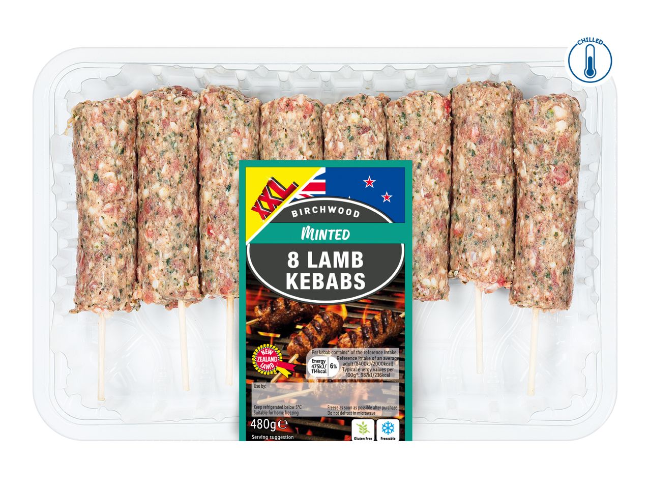 8 chilled minted lamb kebabs in a clear plastic tray, with a label showing nutritional information and cooking instructions.