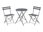 Dark gray bistro table with two matching folding chairs on a white background.