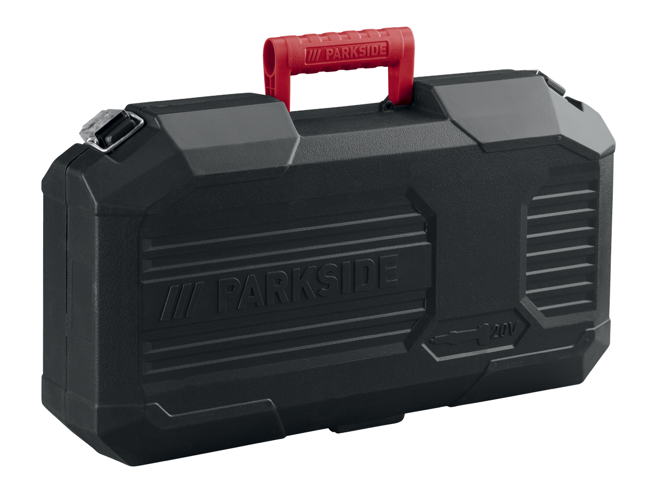 Черен куфар за инструменти с червена дръжка и надпис „PARKSIDE 20V“.