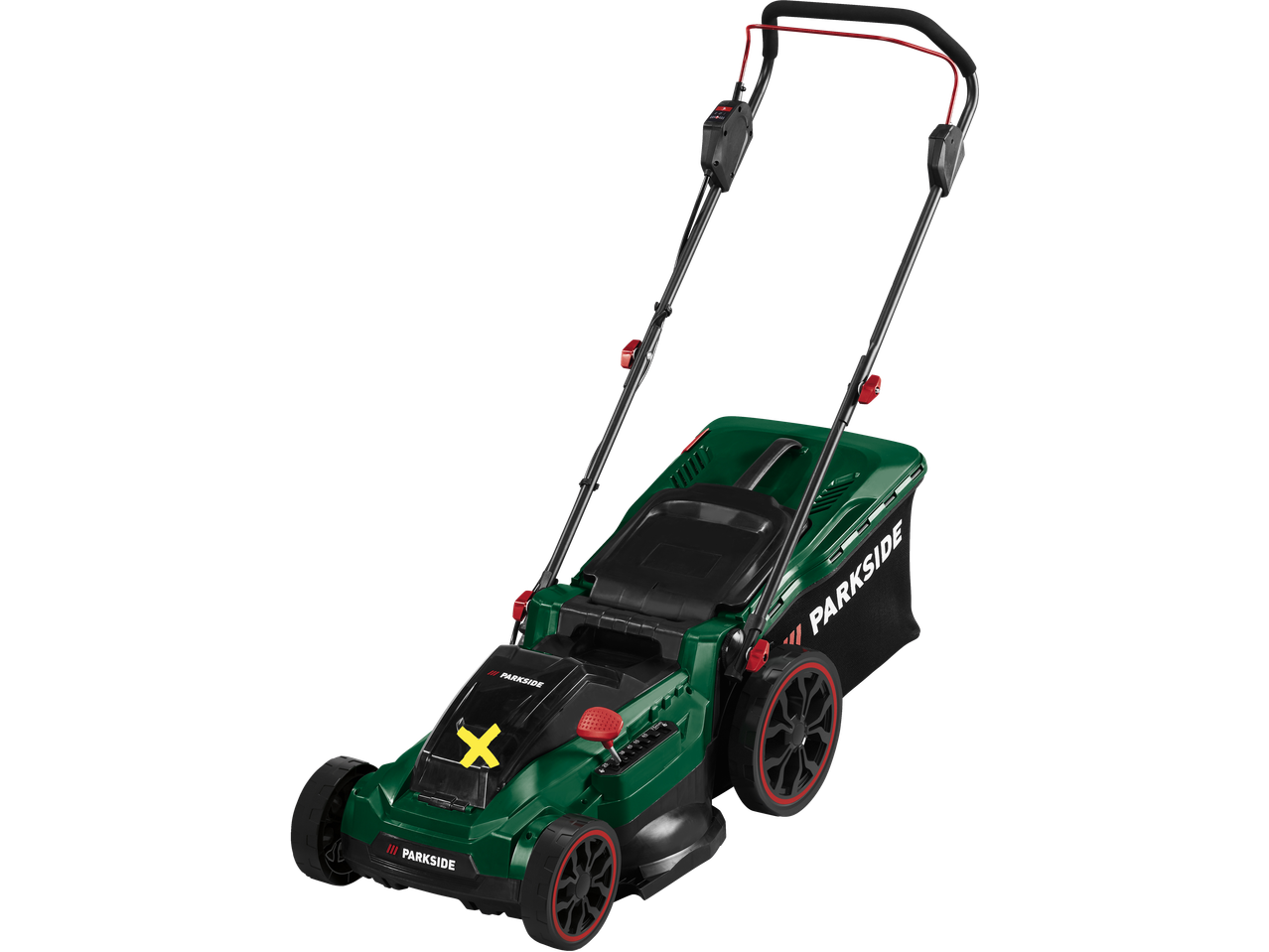 Parkside 40V Cordless Lawn Mower, green and black with red accents, angled view.