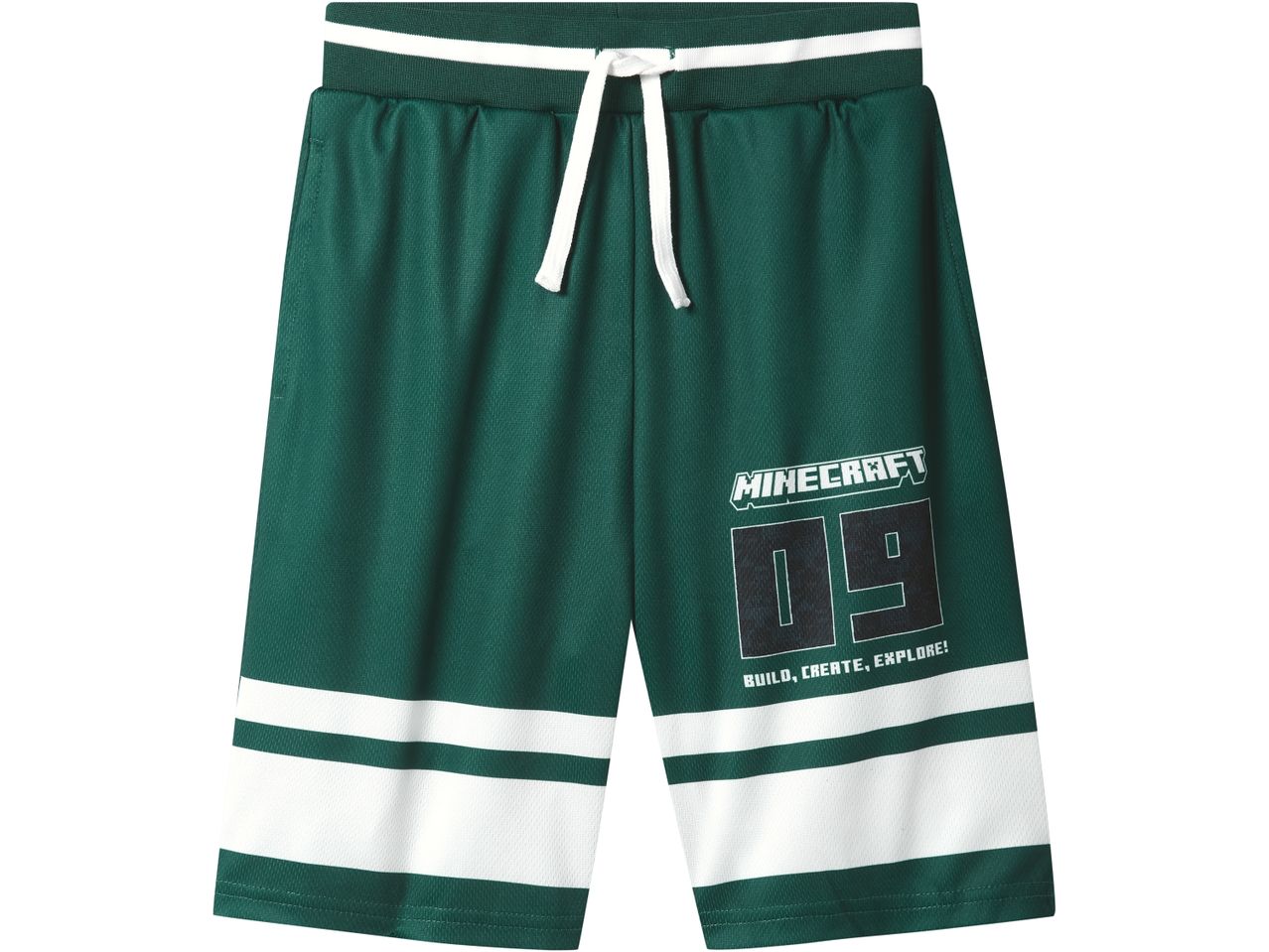 Shorts verdi Minecraft per bambini con dettagli bianchi e il numero 09.
